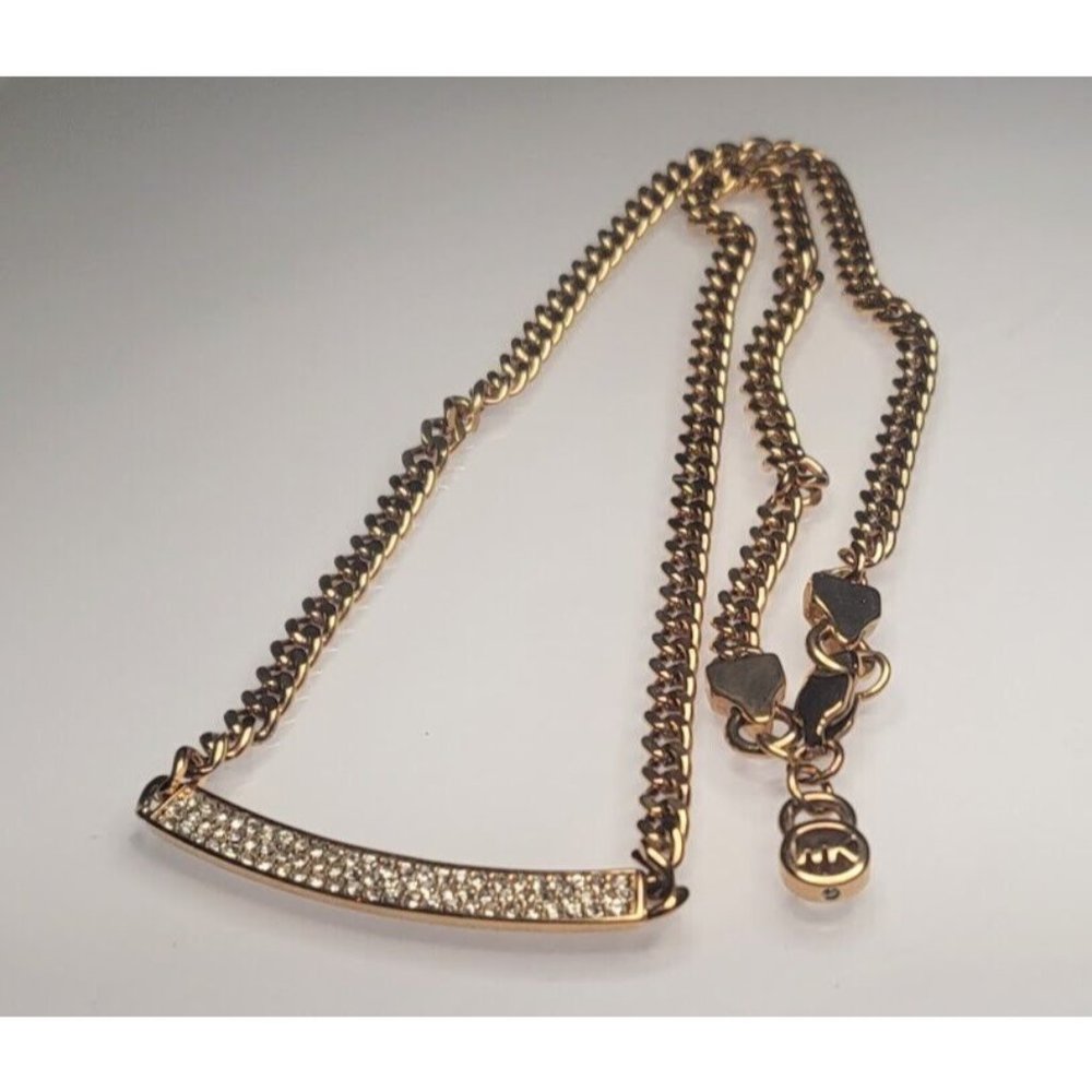 MICHAEL KORS Signed Rose Gold tone Rhinestone Pendant Necklace Logo Hang Tag
